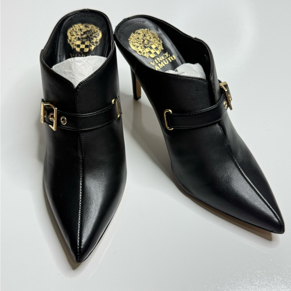 Vince Camuto Black Leather Mules with Gold Buckle